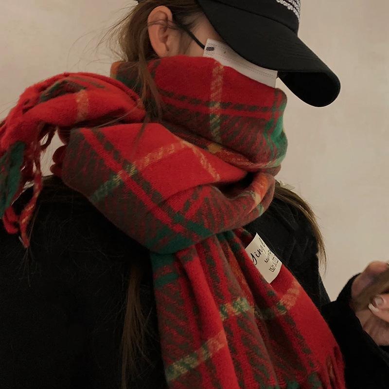 Christmas Atmosphere New Red Plaid Scarf Female Winter Senior Sense Student Versatile Warm Shawl Scarf