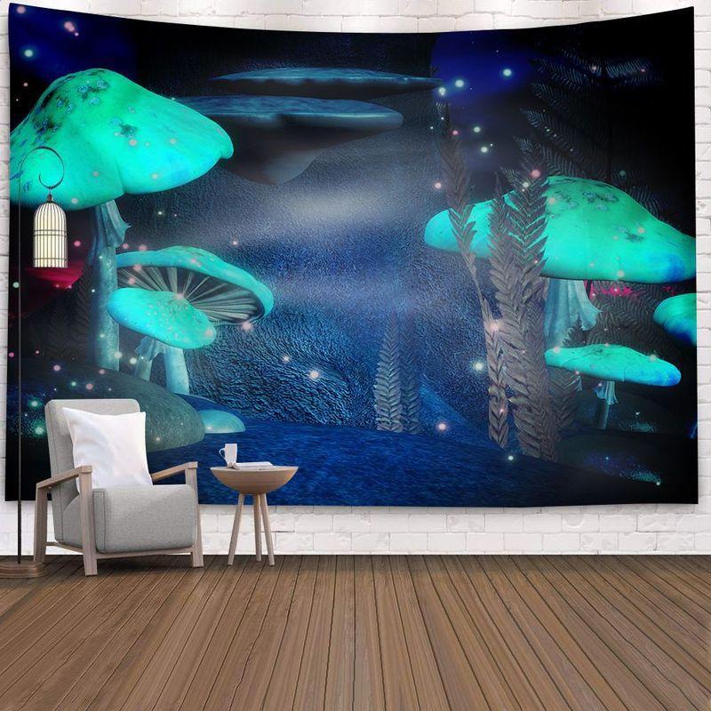Mushroom Forest Tapestry, Peach Skin Velvet Background Fabric, Polyester Digital Printing Wall Carpet, Room Decoration Hanging Fabric