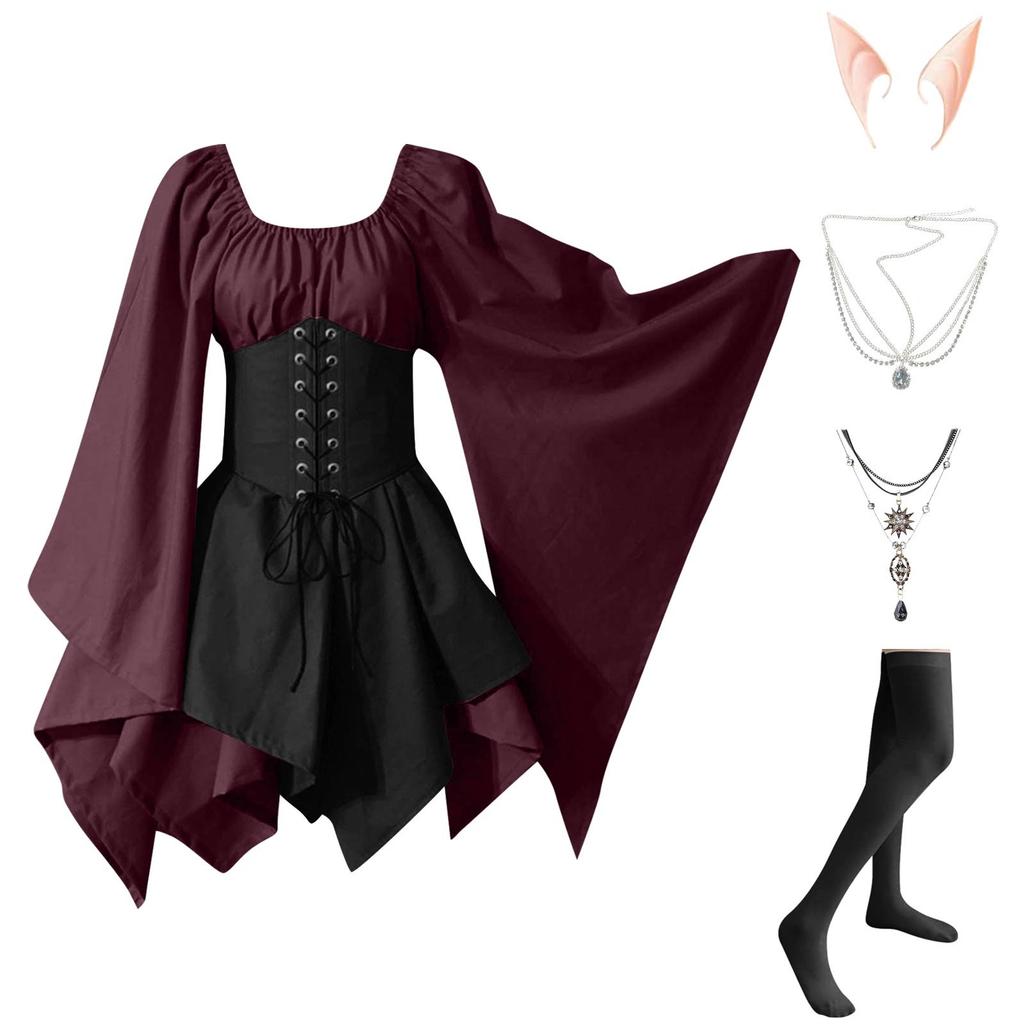 Women Fashion Long Sleeve Vintage Dress Cosplay Party Evening Night Formal Dress