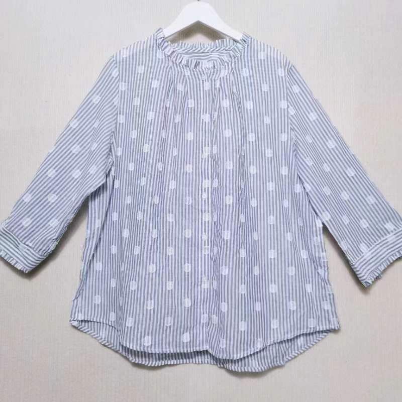 Leftover Stock Pure Cotton Stand Collar Open Shirt Women's Three-Quarter Sleeve Casual Easiest for Match Stringy Selvedge Shirt Sun Protection Summer