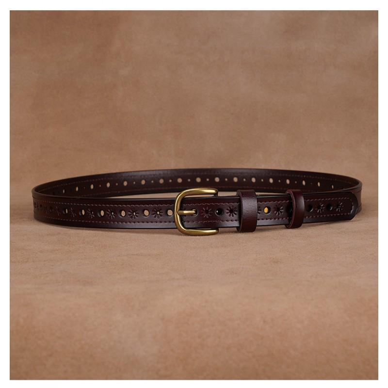 Womens Genuine Leather Belt With Hollow Cut Design Slim Waistband Casual Office Jeans Outfits Zinc Alloy Pin Buckle