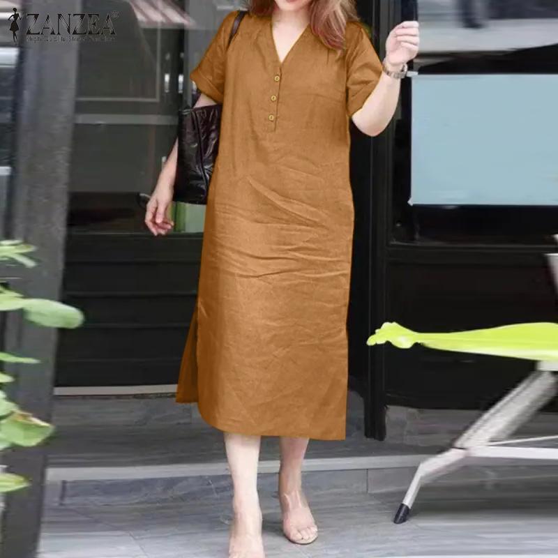 

ZANZEA Женское повседневное однотонное платье с коротким рукавом и V-образным вырезом на пуговицах хаки