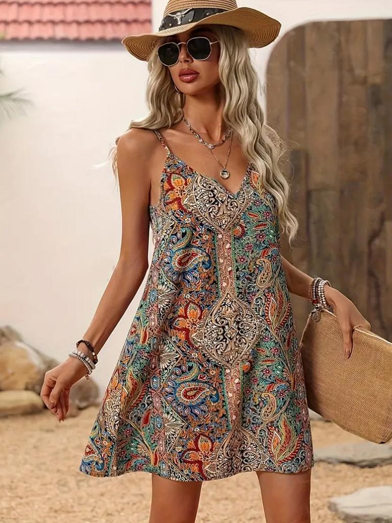 Women's Dress Casual Style Printed Printed V-neck Open Back and Tassel Music Festival Costume