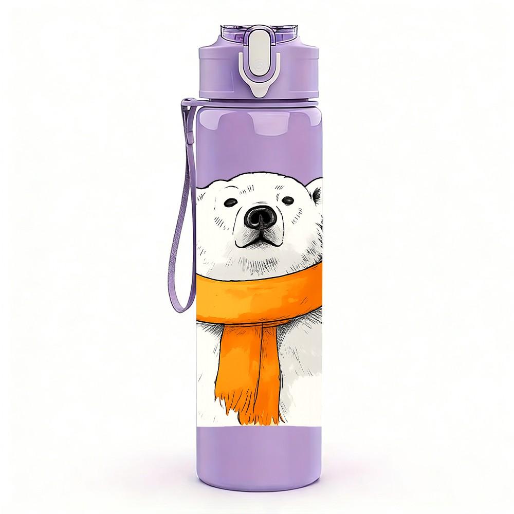 1PC Scarf Polar Bear Cartoon 750ml Color Plastic Sports Water Bottle Leakproof Flip Straw Lid Suitable for Sports Office Home Use