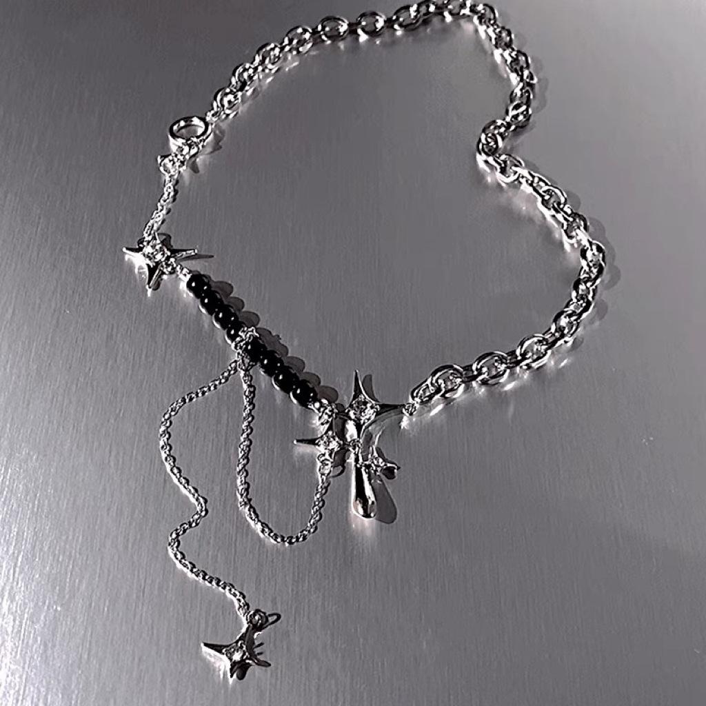Y2K Punk Zircon Cross Star Pendant Necklace for Women Men Fashion Black Crystal Chain Splicing Necklace Gothic Jewelry Gifts