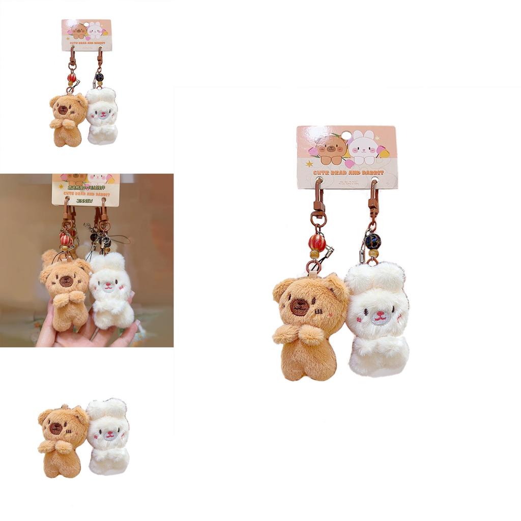 Cartoon Style Plush Keychain Pair With Soft Rabbit Bear For Mobile Phone And Bag Decor