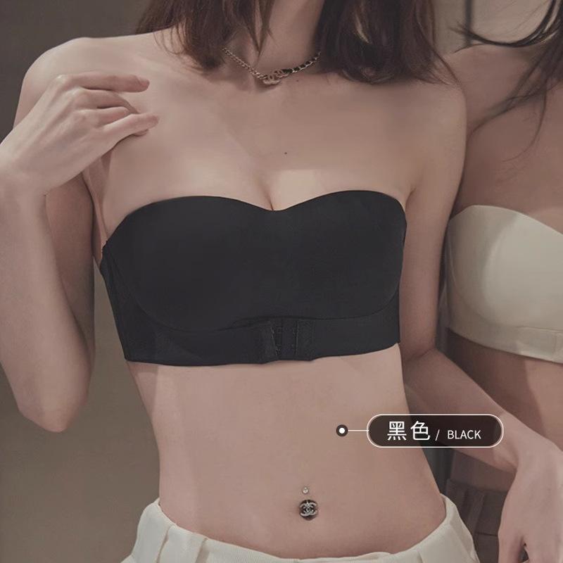 

Traceless women s thin summer gathering small breasts showing large non-slip tube top sling anti-sagging no steel ring bra 32/70ab through cup чёрный