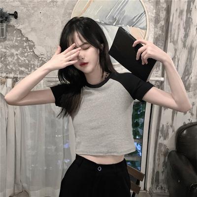 New Summer European and American Shoulder Splicing Short-sleeved Contrasting Tight Top Short Navel Ins Sweet Foreign T-shirt Women