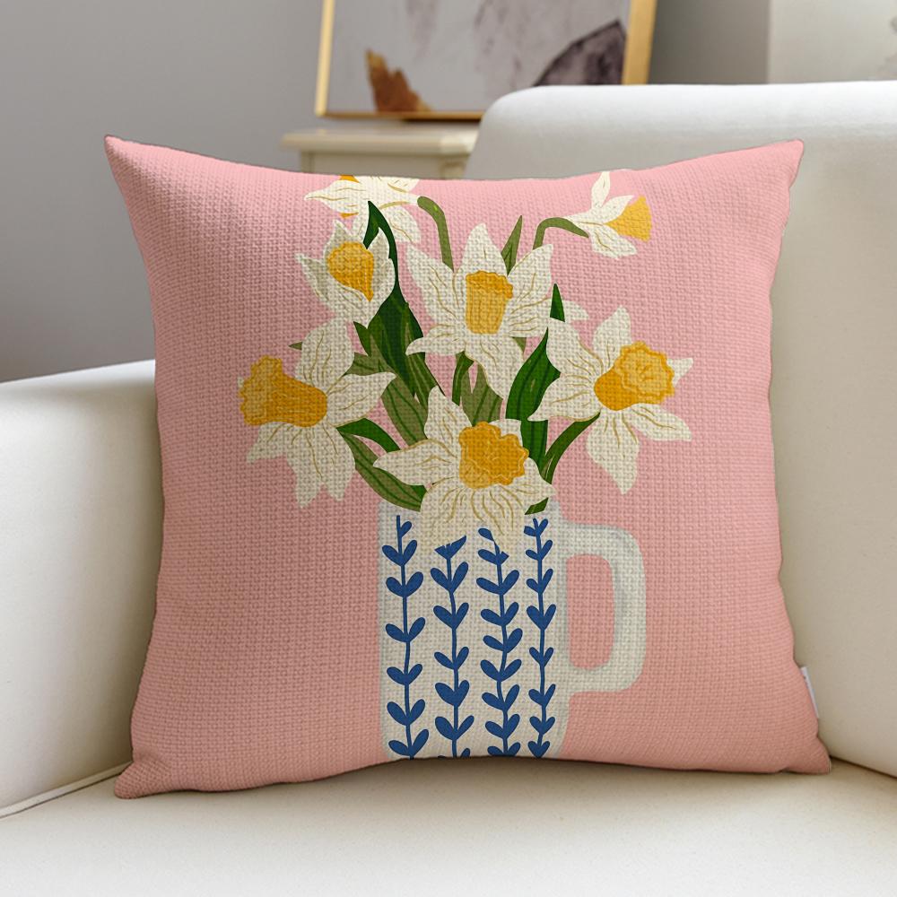 Elegant Flower arrangementS Cushion Cover Breathable and Skinfriendly Linen Pillowcase Square Removable and Washable Cushion
