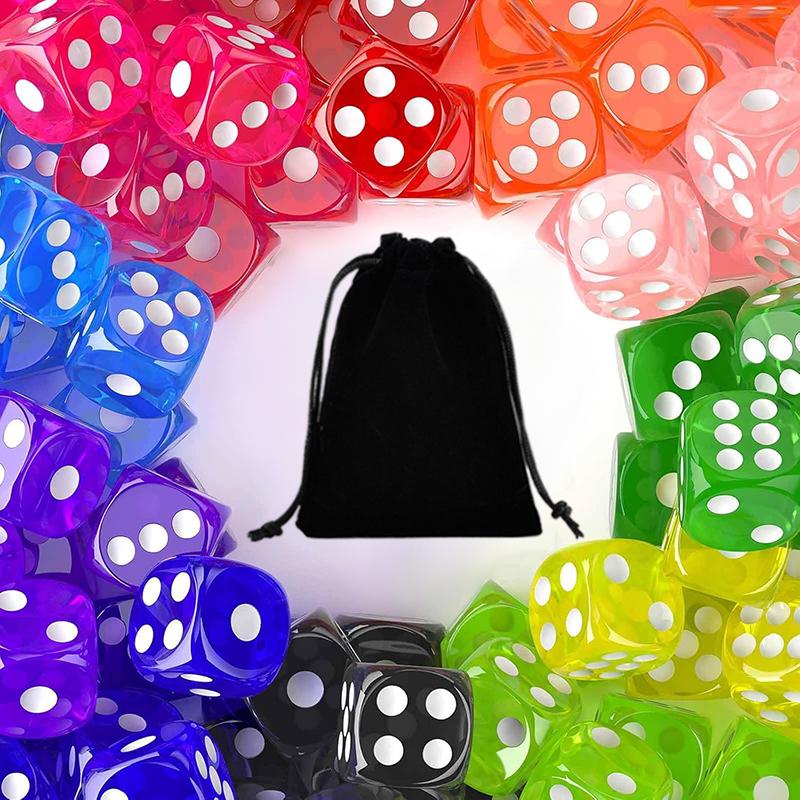 10/30PCS 14mm Colorful Transparent Dice with Velvet Bag Board Game Dice for Bar Tabletop RPG D&D Party Games Rounded Edge TMZ