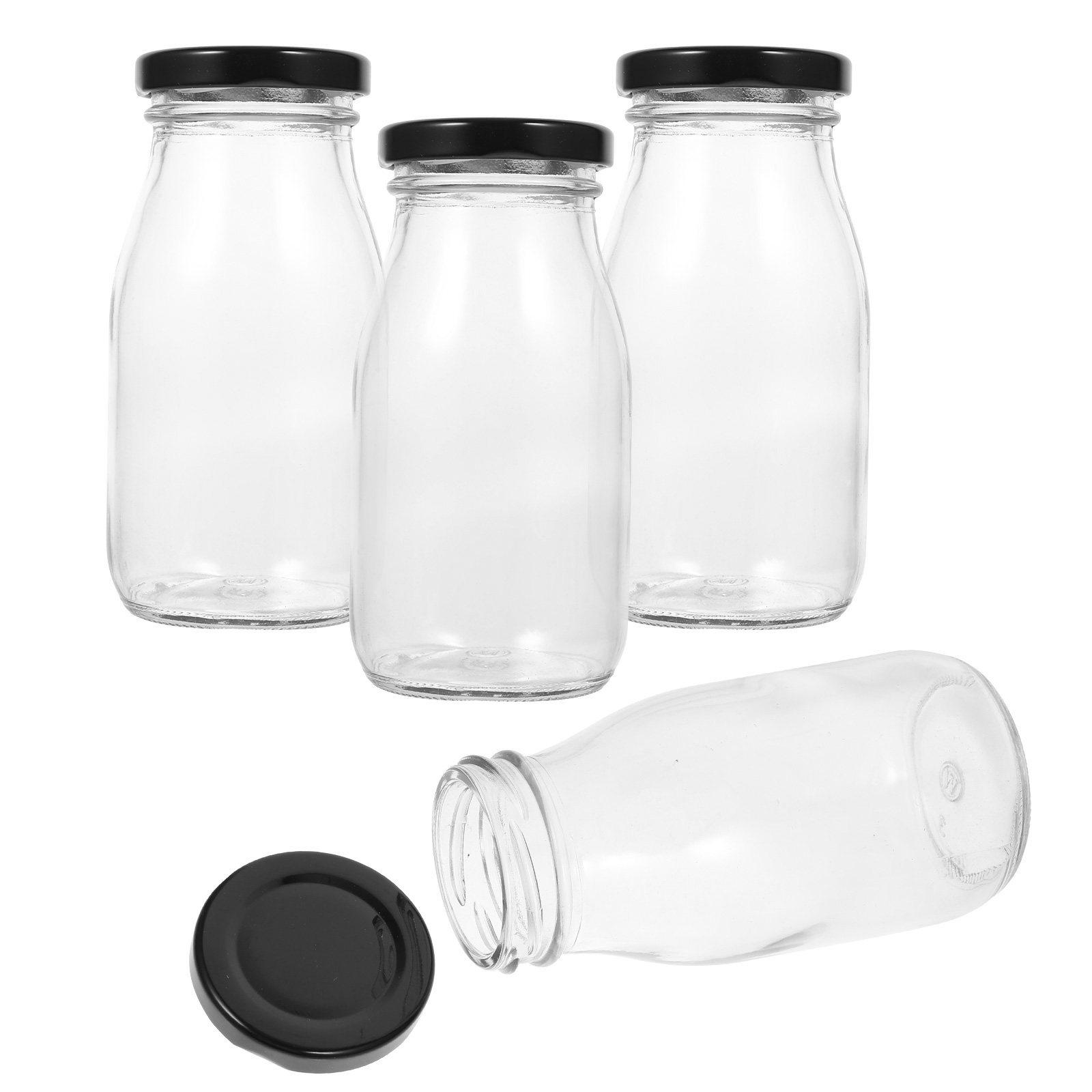 

4Pcs Clear Glass Milk Bottles with Lids 250Ml Reusable Storage Jars for Fridge Juice Water Portable Non Toxic Dishwasher Safe 11.5X5.5CM
