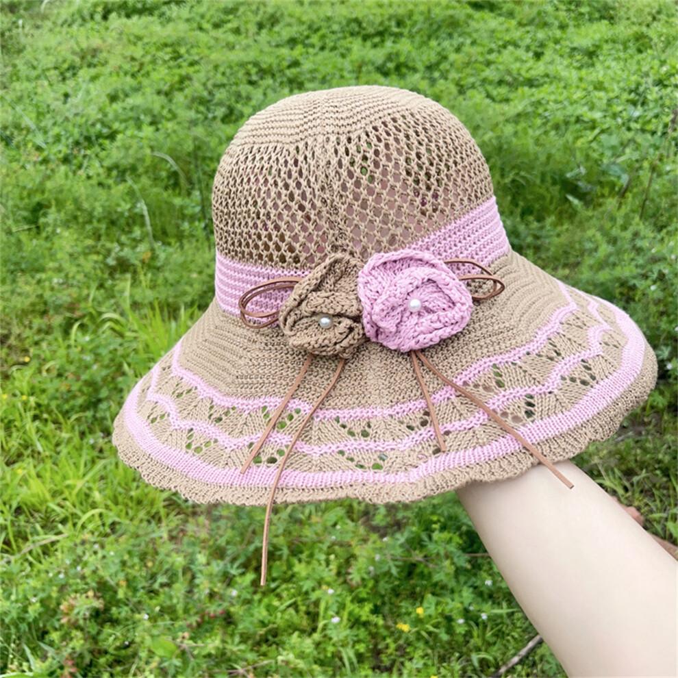 (One Size, Khaki) Women Summer Knit Sun Hat Breathable Crochet Flower Wide Brim Sun Protection Fisherman Cap