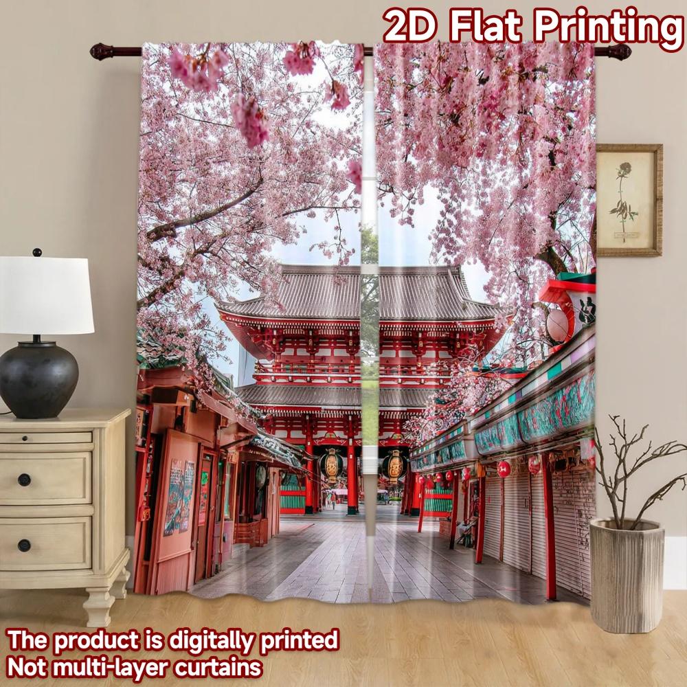 2D flat printing 2pcs Curtain Cherry Blossom Temple Japan Digital Printed Polyester Drapes Festive Holiday Perfect for Photo