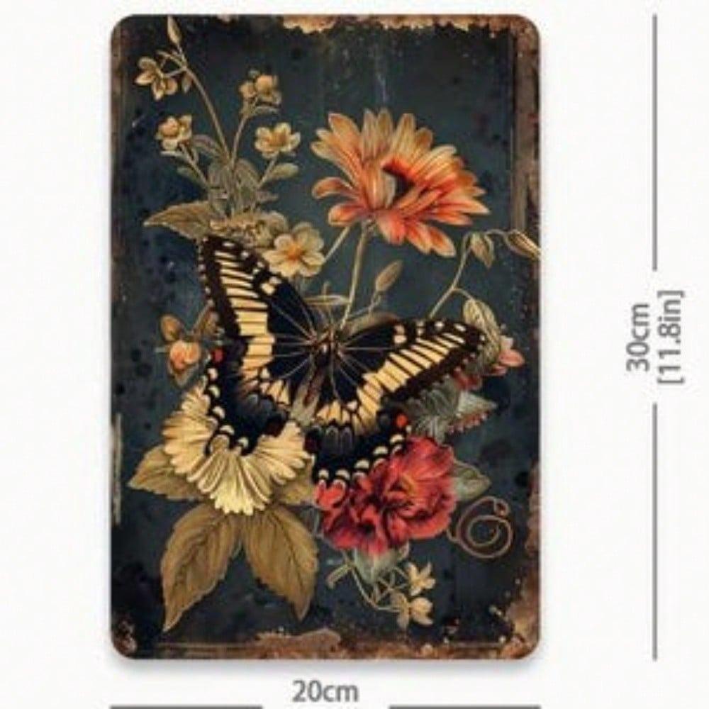 Vintage Botanical Butterfly Metal Wall Art 8x12 Inch Floral Scroll Panel