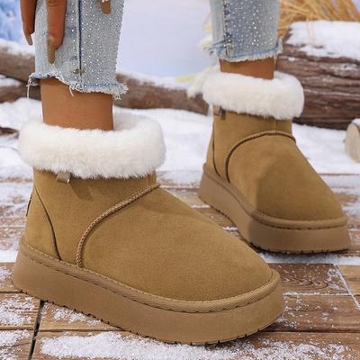 Modische Dicke Plüsch Warme Schneestiefel für Damen Rutschfest Kunstfell Plateau Winterstiefel Frau Slip On Dicke Sohle Baumwollgepolsterte Schuhe Mujer
