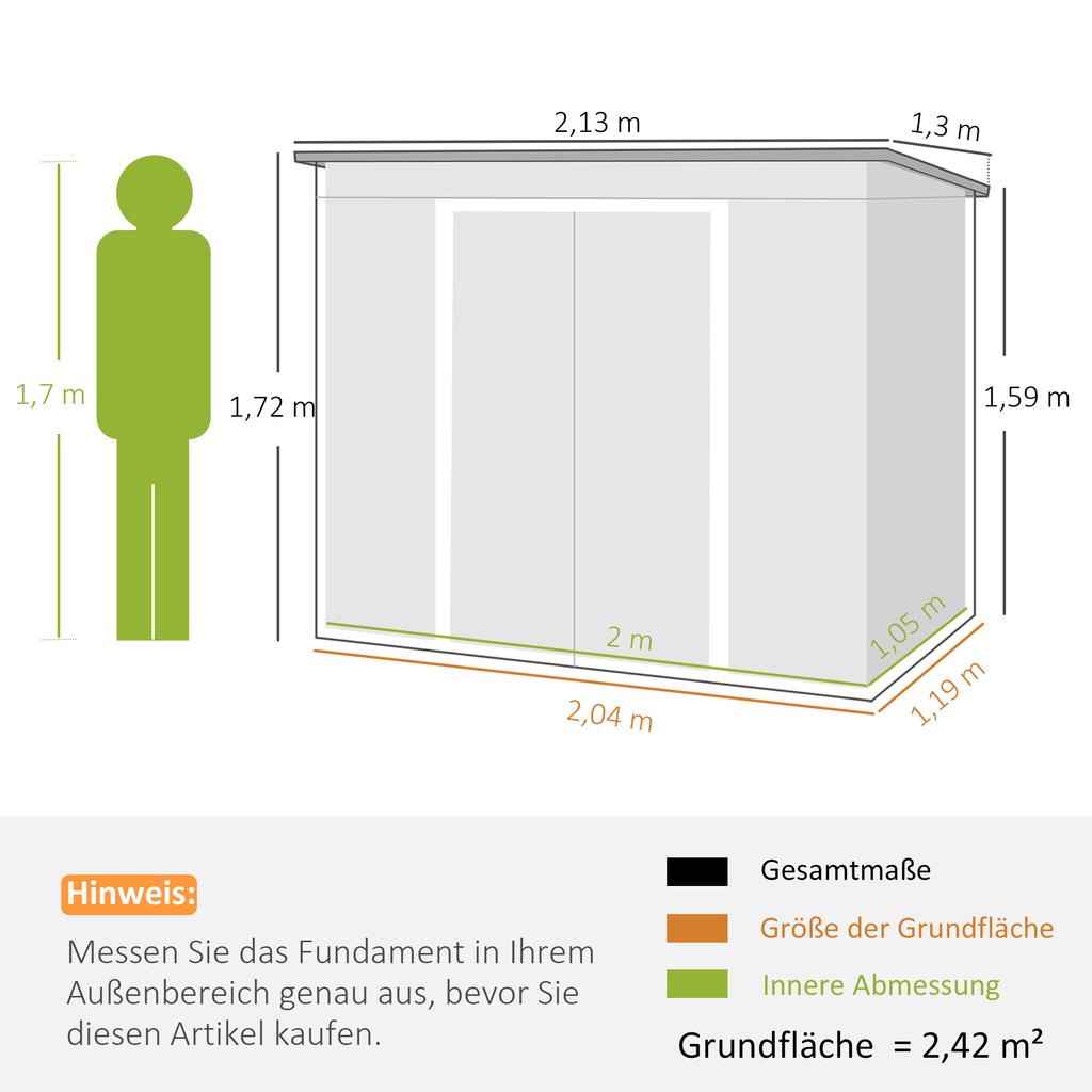 7 x 4 ft Gegalvaniseerd Stalen Tuinhuisje, met Fundament Kit - Donkergrijs