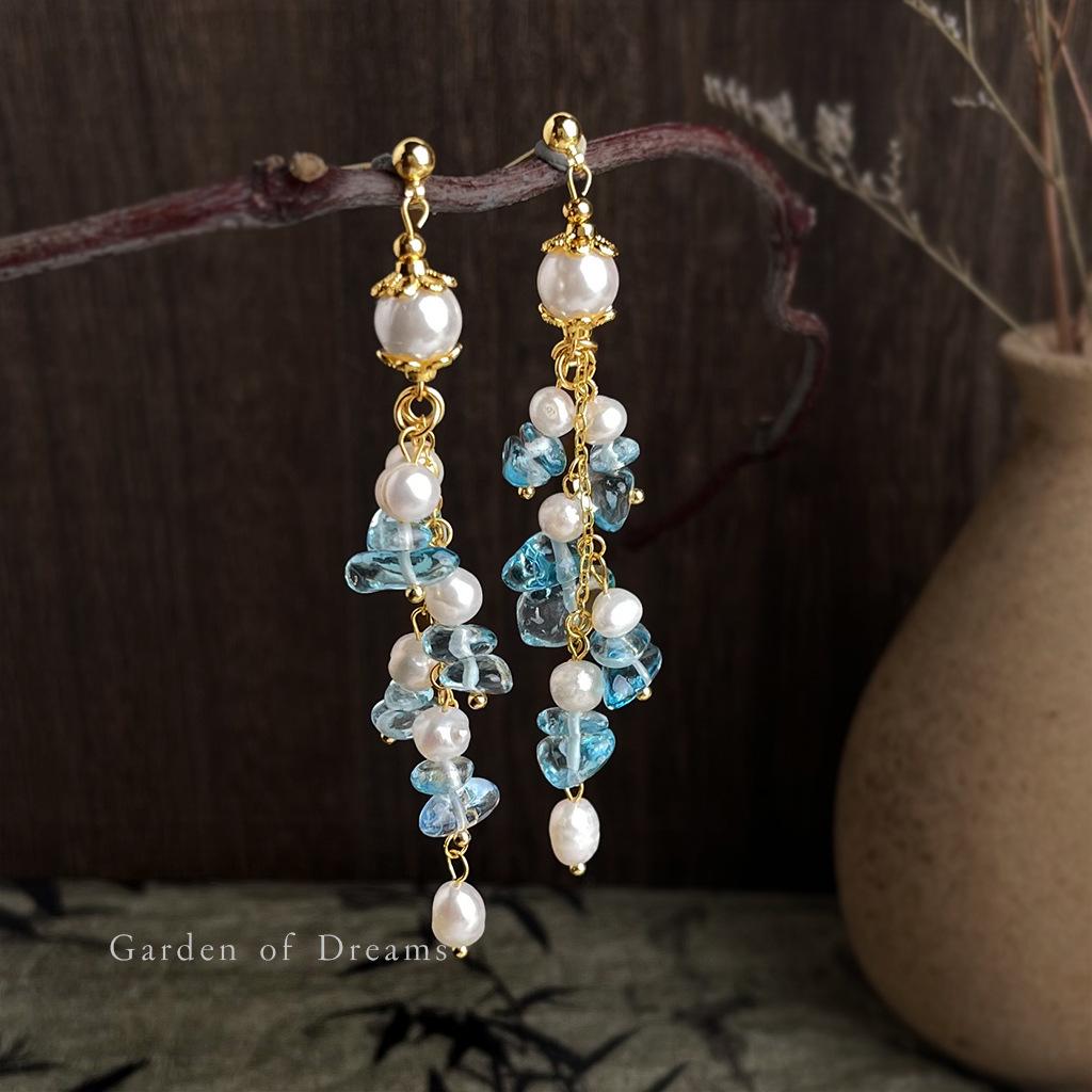Elegant Chinese Style Freshwater Pearl and Crystal Tassel Earrings for Beach Vacations