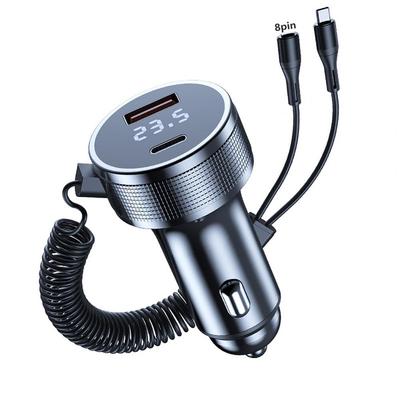 Dual Port Car Charger with Coiled Cable USB Type C Car Lighter Slot Universal Phone Fast Charging Adapter