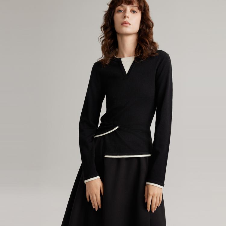 ELLE Solid Color French Style High-End Color Block Pullover Soft Fashion Long Sleeve Sweater Women Sweater Black EZ40256