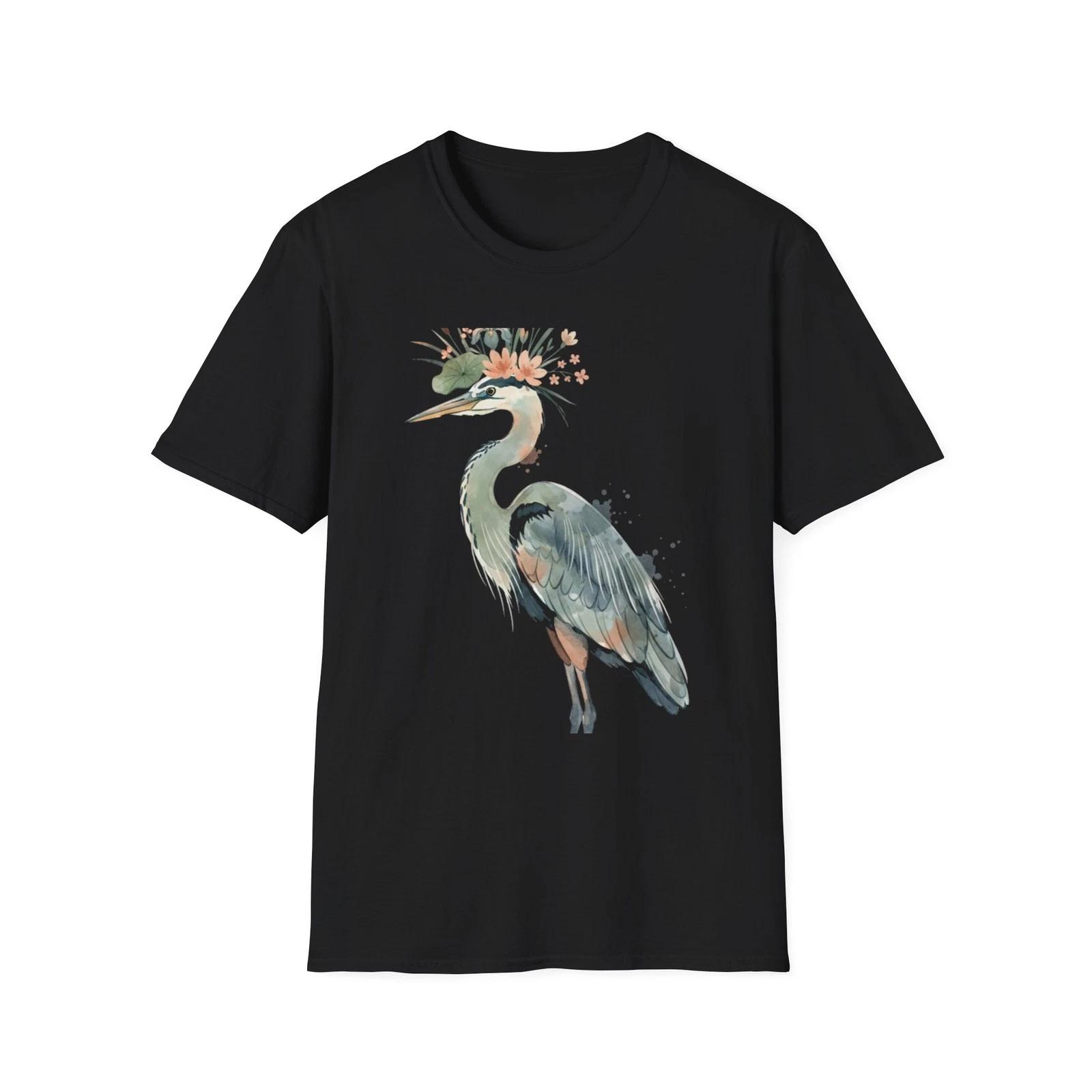 

Heron Floral Watercolor Nature Boho Black T-Shirt Wildlife Print Tee 4XL