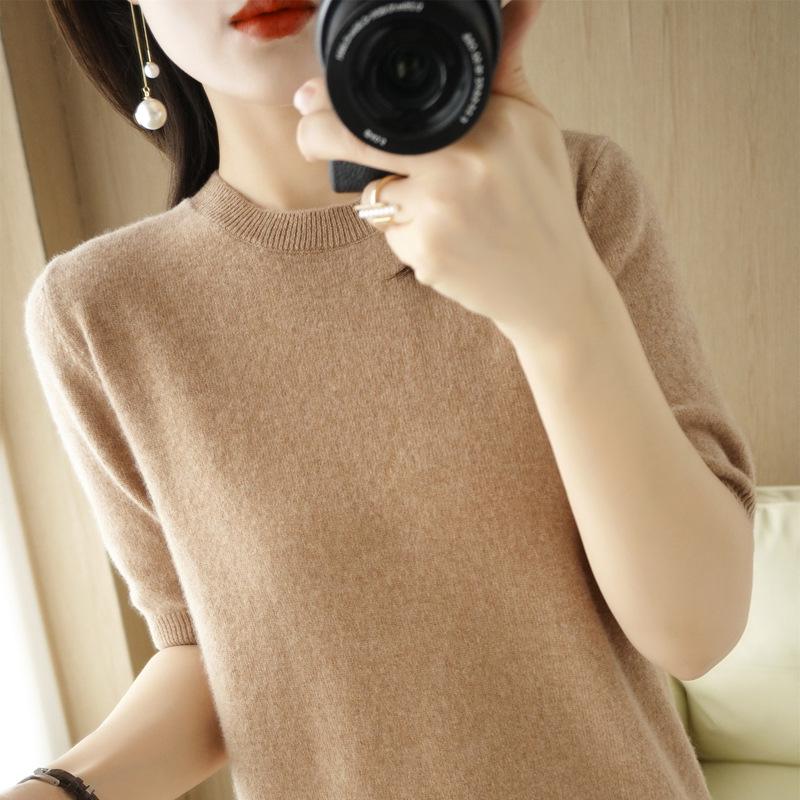 Women's Wool Blend Half High Neck Short Sleeve Loose Base Sweater Top