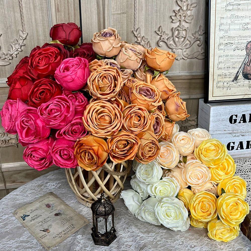 9 Heads Rose Artificial Flowers Multicolor Green Leaves Simulation Flower Rose Silk Petals Scene Landscaping Faux Rose Flower