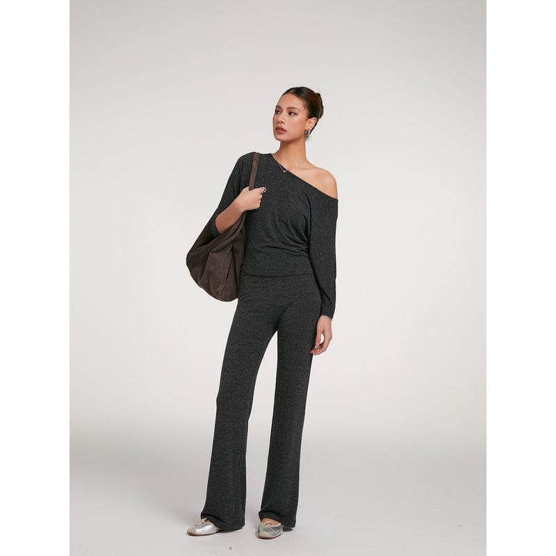 Discoglam Soft Glutinous Draping Effect Lazy Casual Slim Looking 2 Wear Oblique Shoulder 7-Point Sleeve T-shirt + Bell-Bottom Pants Women's Autumn