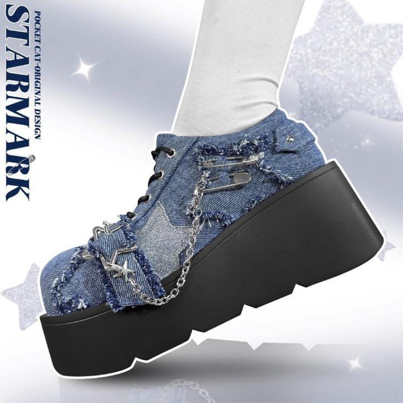 Fashion Women's Y2K Gothic Lolita Punk Metal Chain Boots 2025 Autumn Black Chunky Platform Denim Ankle Boots