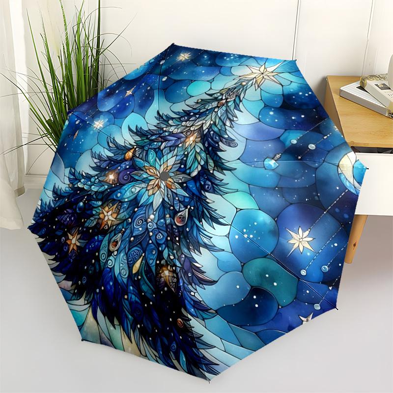 1pc Christmas Tree Winter Scene Automatic Folding Umbrella, Lightweight Retractable Compact Travel Umbrella, 8-Rib Sturdy Frame159