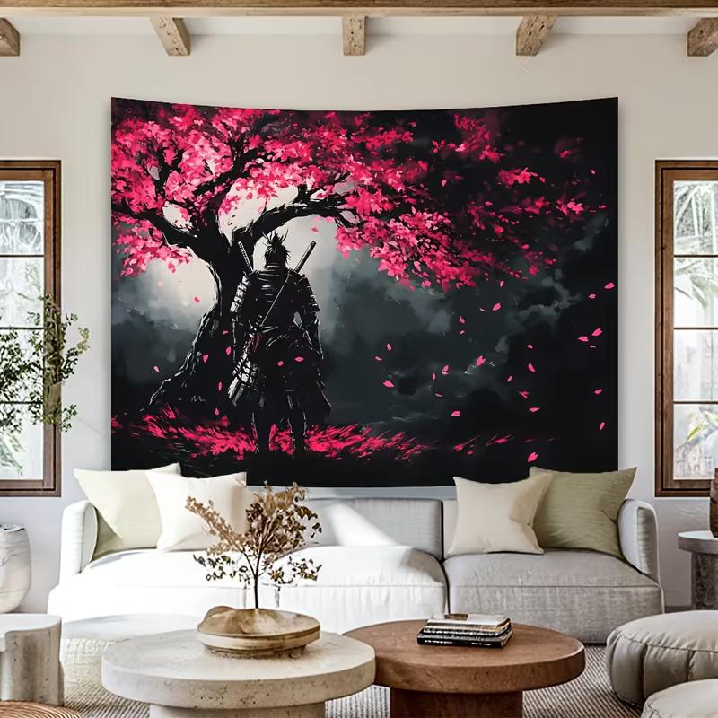 2D Japanese Warrior Tapestry Wall Art with Cherry Blossom Tree Scene 47.2x31.5inch/120*80cm