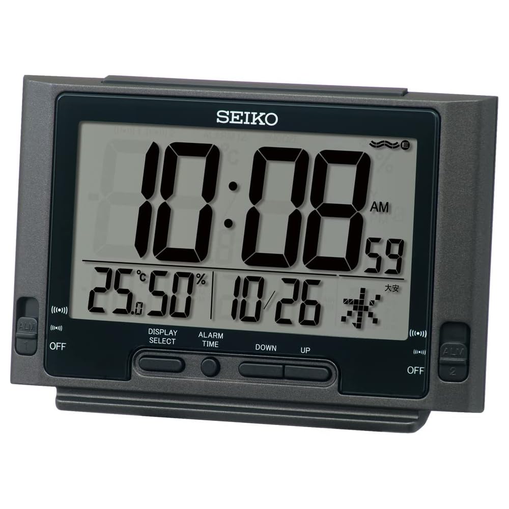 Seiko Clock Alarm Clock, Table Clock, Digital, Radio Controlled, Black Metallic, 84 x 132 x 46 mm, SQ320K