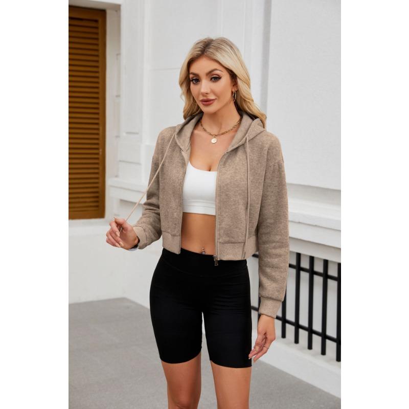 

Осенне-зимняя женская модная однотонная короткая толстовка с капюшоном и завязками на молнии с длинным рукавом S хаки