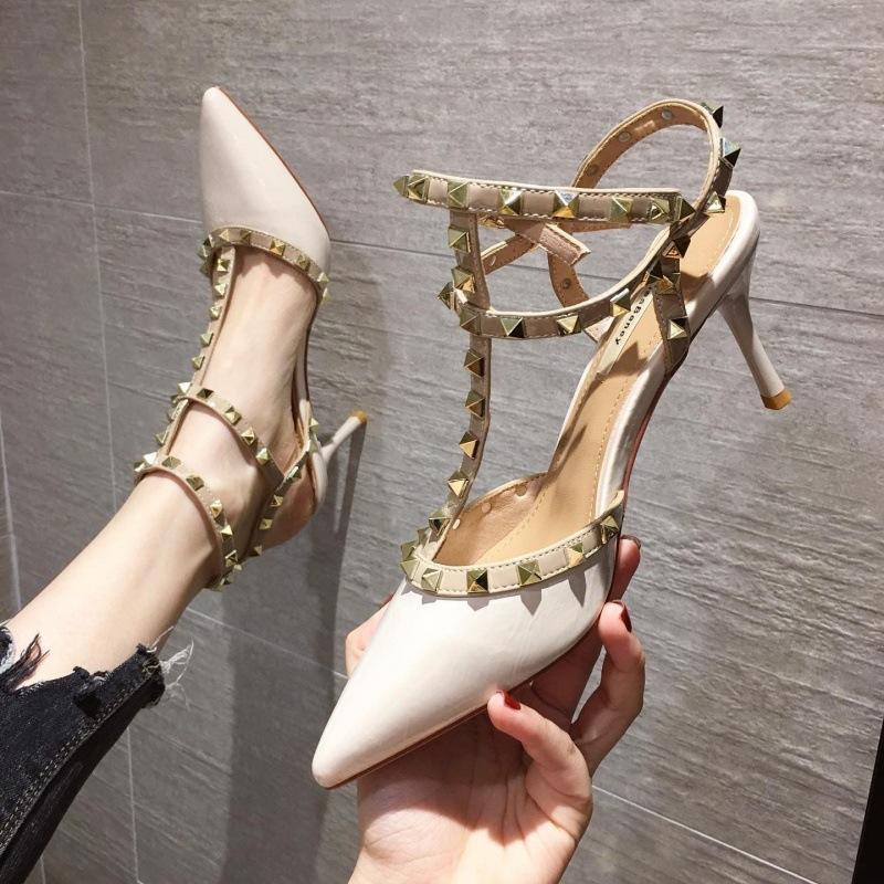 Rivet high heels women's stiletto single shoes versatile 2025 summer sexy pointed t-shaped with empty willow sandals women