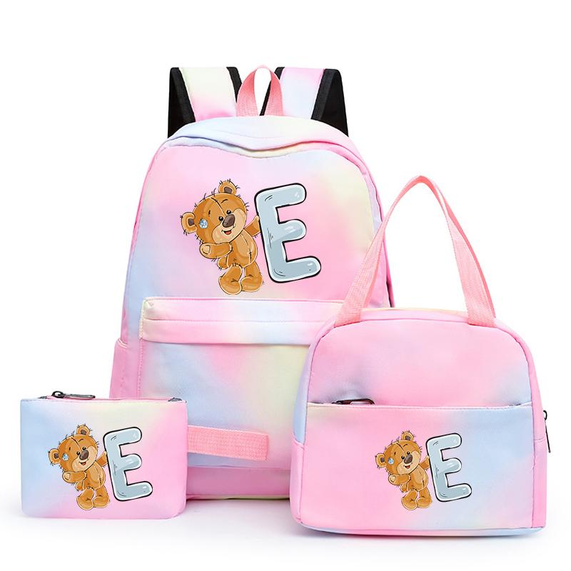 

3 шт./компл. школьный рюкзак «Маленький медведь» с 26 английскими буквами для детей, рюкзак для девочек, сумка для книг, сумки для обеда, пенал
