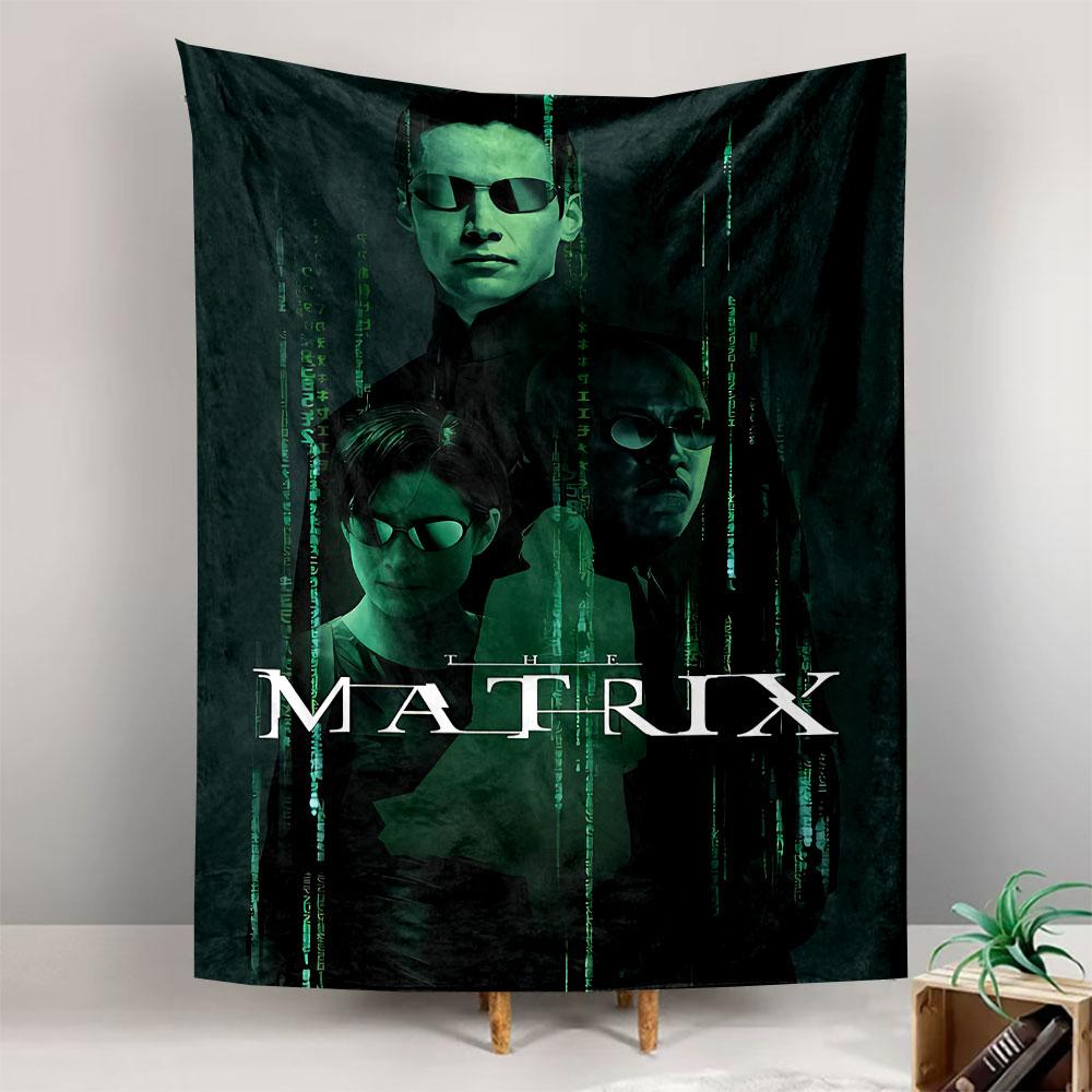 A Green Digital Code Backdrop with Three Individuals In Futuristic Attire. Patterned Tapestry for Bedroom and Living Room Home Decor