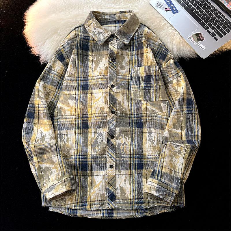 

Plaid Shirt Printing and Dyeing Gradient Loose Jacket Shirt Large Size High School Student Versatile Plaid Jacket Men S жовтий