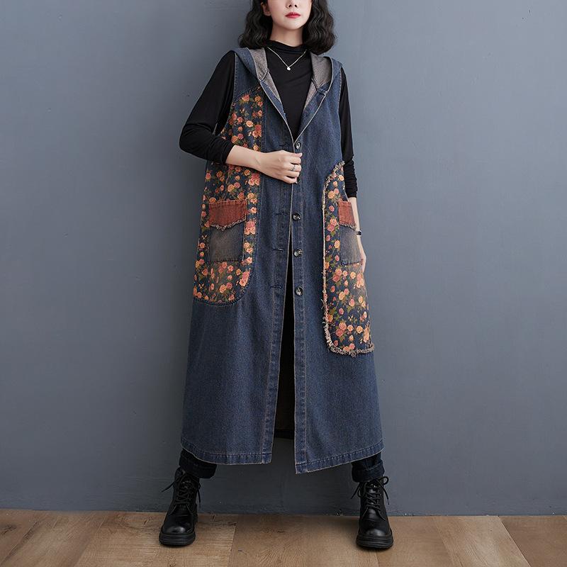 Fashion Hooded Denim Waistcoat Women Autumn Sleeveless Jacket Big Pockets Vintage Print Loose Jeans Vest Outerwear