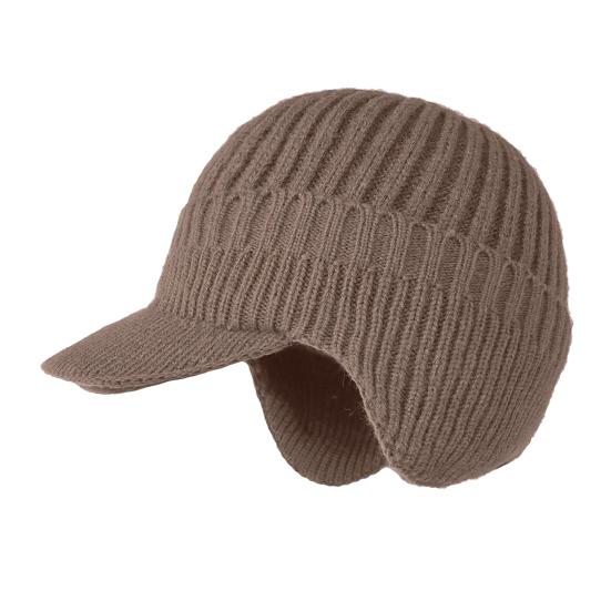 Men Knitted Hat Extended Brim Ear Protection Solid Color Knitting Hat Thickened Plush Lining Winter Warm Hat