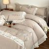 Juego de Cama de Lujo Francés Estilo Princesa de Algodón y Lino Bordado con Encaje de Cuatro Piezas con Funda Nórdica