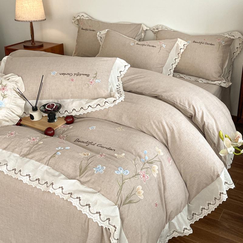 Juego de Cama de Lujo Francés Estilo Princesa de Algodón y Lino Bordado con Encaje de Cuatro Piezas con Funda Nórdica