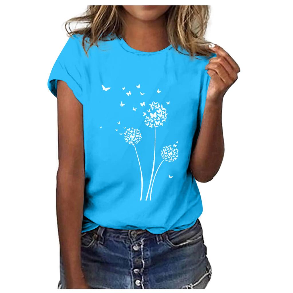 Women Fashion Casual Tops Printed Short Sleeve Shirts Round Neck Pullover T Shirts