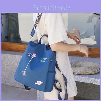 Floral Embroidered Double Backpack Large Capacity Women's Bag Oxford Fabric Blue Black Khaki