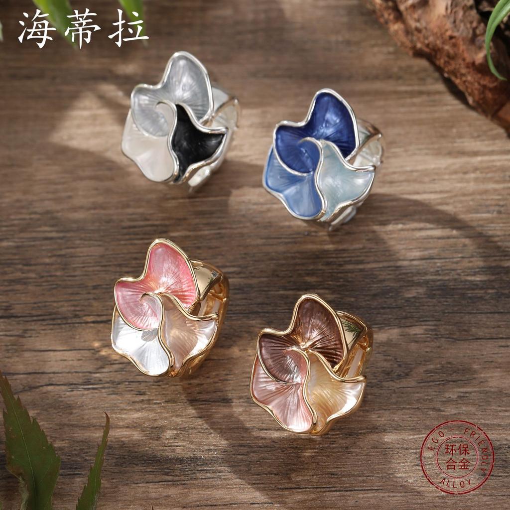 Kolorowy Obraz Olejny Geometryczny Płatkowy Pierścionek Rozciągliwy Modny Wszechstronny Damski Kwiat Stop Diament