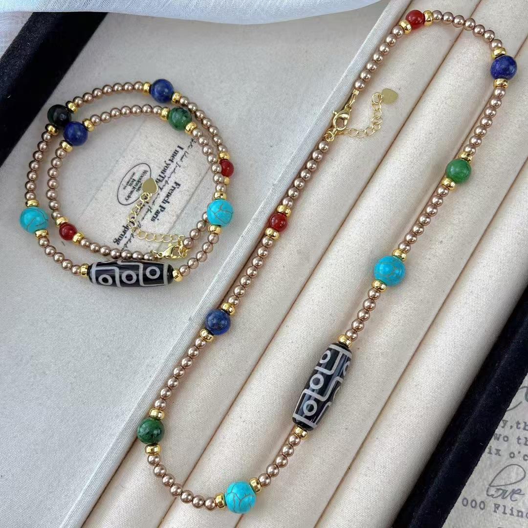 

Vintage High Quality Maillard Coffee Faux Pearl Dzi Beads Gypsy Star Necklace Clavicle Chain