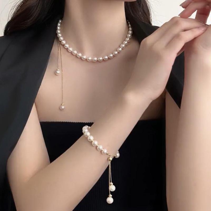 Elegant Korean Pearl Pendant Necklace with Adjustable Drawstring and Tassel for Women