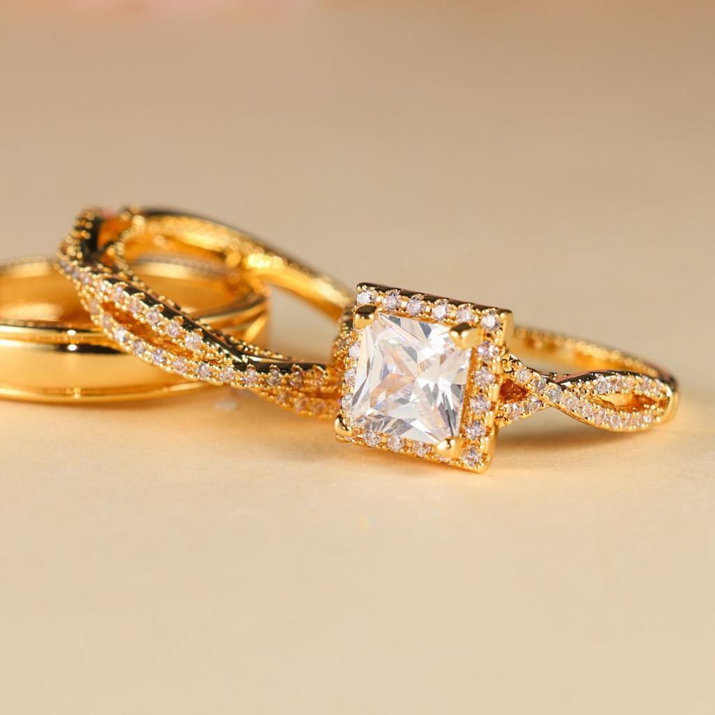 Rose Gold Three Piece Ring Set with Diamonds, Zirconia, Full Diamond, Female Pair Ring, Male Ring