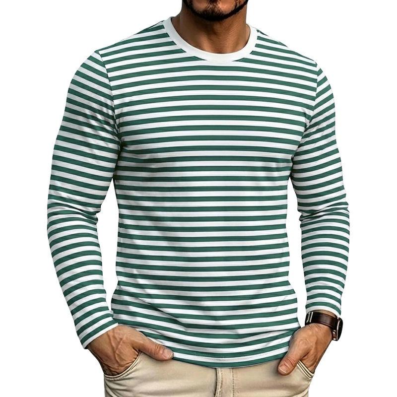 Men Crew Neck Blue White Horizontal Striped Slim Fit Long Sleeve T Shirt
