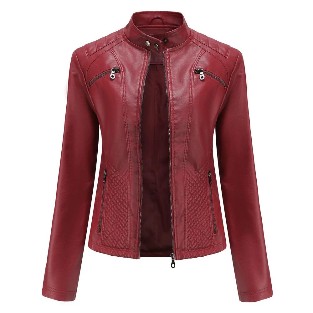 Women's Leather Coat Fashion Trend Simple Autumn Winter Stand Collar Zipper PU Leather Motorcycle Jacket for Women