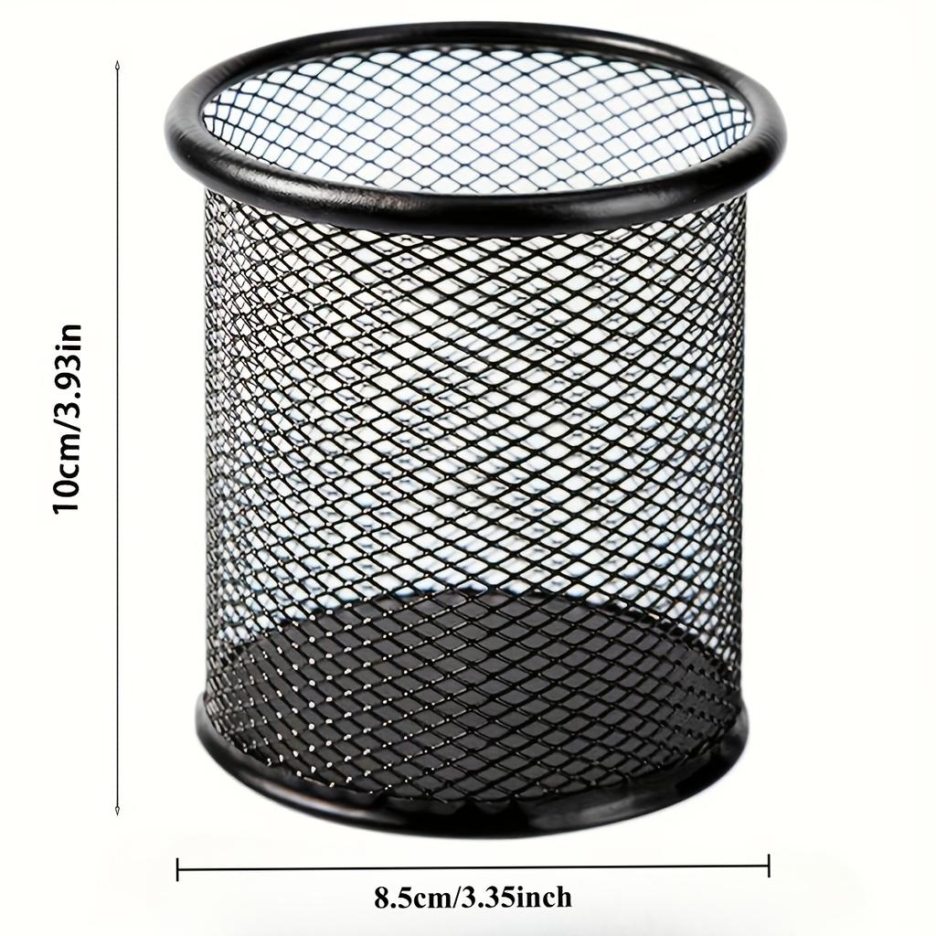 4pcs Black Metal Wire Mesh Pen Holders - Round Desk Organizer with Open-Top Design, for Office & Home Desktop Storage