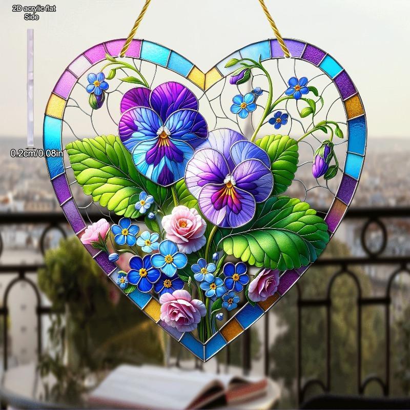 Colorful Gilly flower Heart-Shaped Suncatcher - Stained Glass-Style Glass Effect with Vibrant Floral Design, Perfect for Home & Garden Decor, Ideal fo